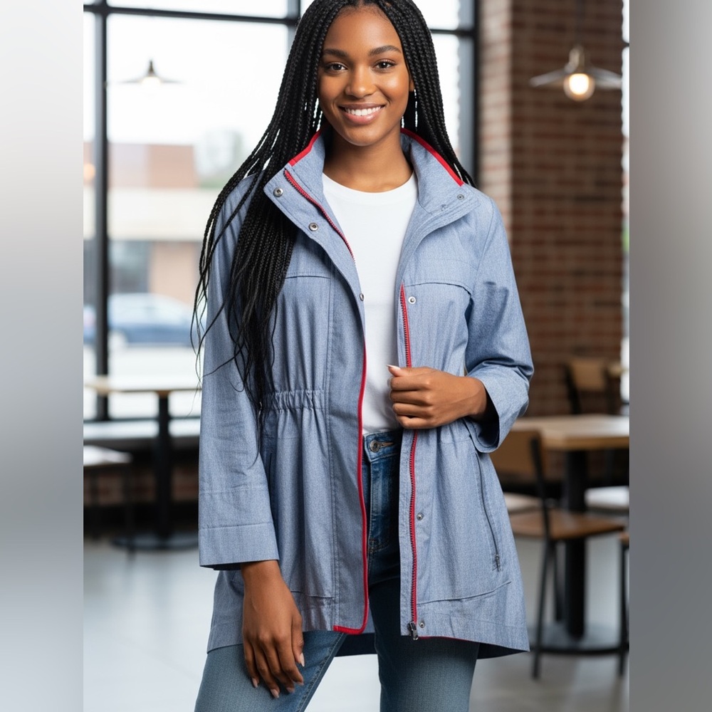 Luii Anthropologie Blue Water Resistant Chambray Zip Front Rain Jacket Size M